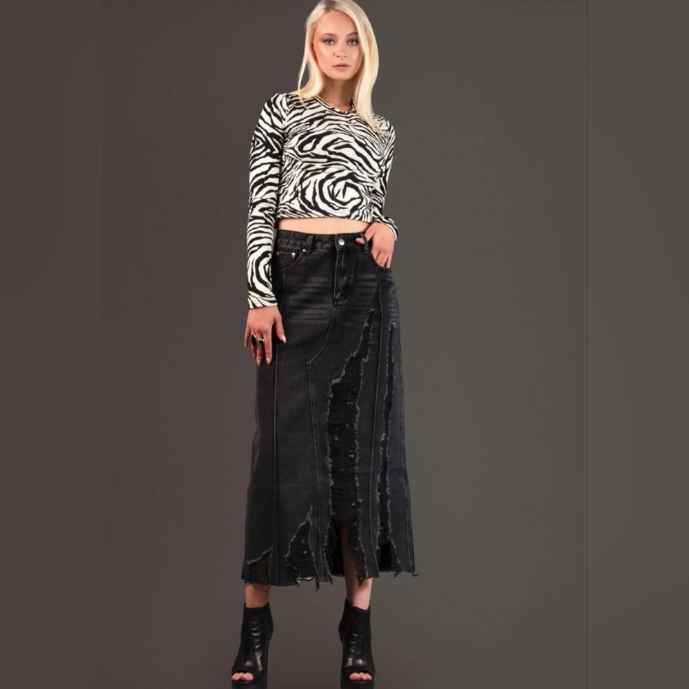 Kate Hewko Distressed Denim Maxi Skirt- L